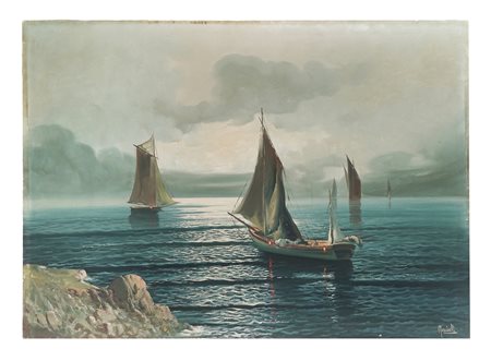 Gustavo Mancinelli, Marina. 1800. Olio su tela. cm 70x100. Firmato in basso a...