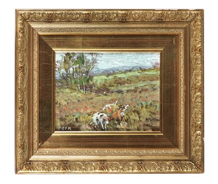 Falco Elena Marisaldi, Cani. 1900. Olio su tavoletta. cm 18x24. Siglato in...