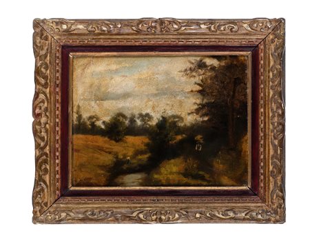 Barthélemy Menn, Paesaggio fluviale con figure. 1878. Olio su cartone. cm...