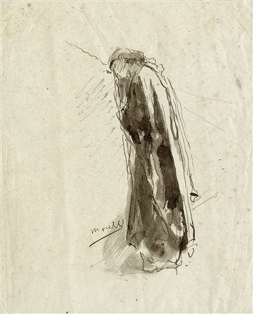 Domenico Morelli, Figura femminile stante. 1800. Acquerello e china bruna su...
