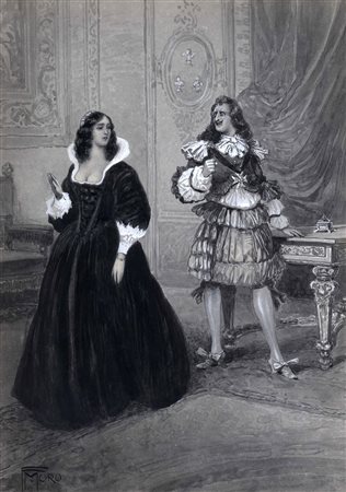 Ferruccio Moro, Madame de Montespan e il Re Sole. 1920. Acquerello e biacca...