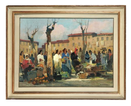 Renato Natali, Mercato. 1960. Olio su tavola. cm 49,5x69. Firmato in basso a...