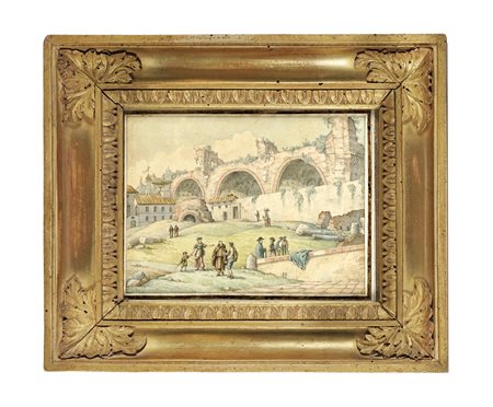 Victor Jean Nicolle, Paesaggio con rovine romane. 1800. Acquerello e china su...