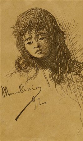 Plinio Nomellini, Volto di bambino. 1892. Penna e inchiostro di china bruno...