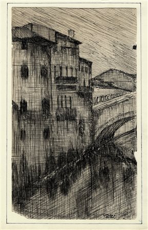 Ubaldo Oppi, Ponte S. Michele a Vicenza. 1900. Penna e inchiostro di china su...