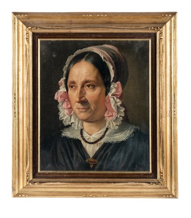 Giuseppe Palizzi, Ritratto di anziana con pizzo e fiocchi rosa. 1847. Olio su...
