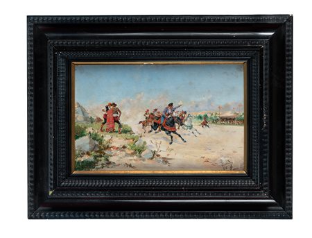 Salvador Sanchez Barbudo, Corsa ippica. 1896. Olio su tavoletta. cm 17x27....