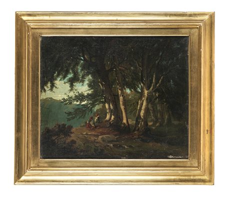 Pietro Senno [attribuito a], Figure sotto le querci. 1800. Olio su tela. cm...