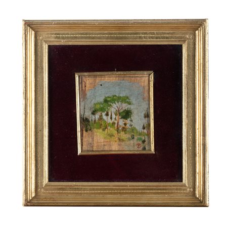 Telemaco Signorini, Pini marittimi. 1800. Olio su tavoletta. cm 10,5x9,5....