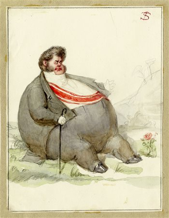 Telemaco Signorini, Tonda figura caricaturale. 1800. Matita e acquerelli su...