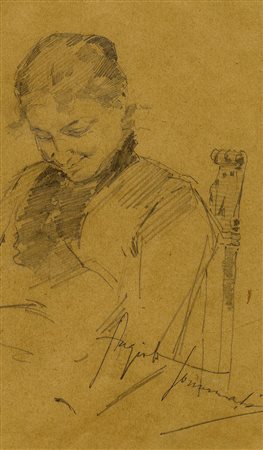 Angiolo Tommasi, Ritratto femminile seduto. 1800. Matita su carta tabacco. mm...