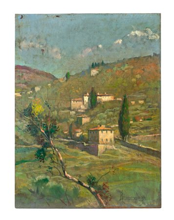 Ludovico Tommasi, Paesaggio collinare. 1900. Olio su tavola. cm 30x22,6....