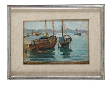 Angiolo Vannetti, Hong Kong. 1929. Olio su tavoletta. cm 25,5x36. Firma a...