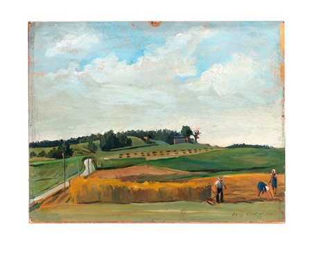 Benjamin Vautier II, Aratori nel campo. 1927. Olio su cartone. cm 32,5x40,8....