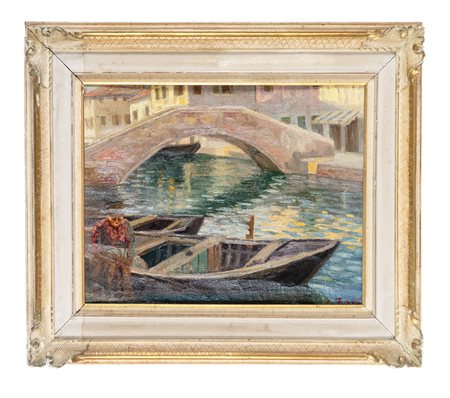 Erma Zago, Vista veneziana. 1900. Olio su cartone. cm 40x49. Firma in basso a...