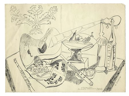 Gino Severini, Nature mort a la guitare. 1942. Penna e inchiostro di china...