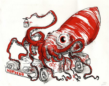 Hopnn [pseud. di Romagnoli Yuri], Polpo. 2000. Serigrafia. mm 240x300. Firma...