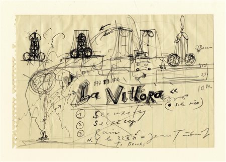 Jean Tinguely, La Vittora. 1971. Penna a sfera nera su foglio di block notes....