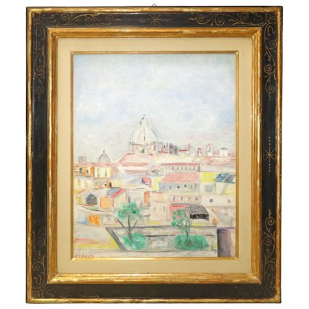 Giuseppe Cesetti (Tuscania 1902 - Tuscania 1990)  - Veduta di paese con cupola, 20° Secolo