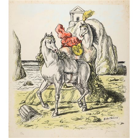Giorgio De Chirico (Volo, Grecia 1888 - Roma 1978)  - Cavalli su una spiaggia antica