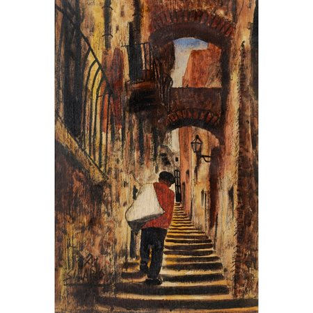 GIOVANNI SILARO, Scalinata di paese, Olio su tela