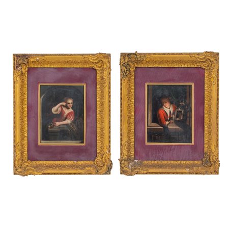 PITTORE OLANDESE PRIMA METÀ XIX SEC., Coppia oli su tavoletta