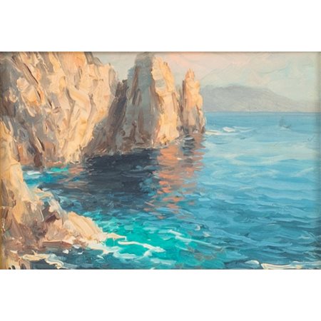 GUIDO ODIERNA, Paesaggio costiero, Olio su cartone