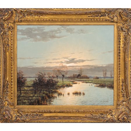 GIEN BROUWER, Paesaggio fluviale, Olio su tela