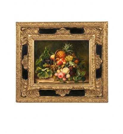 Natura morta con cesto di frutta esotica, uva e rose Olio su tavoletta, entro importante cornice