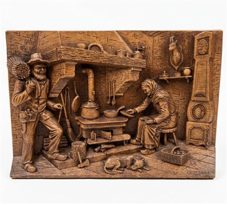 Scena di vita rurale in cucina Pannello in legno intagliato ad altorilievo cm 44x35 circa