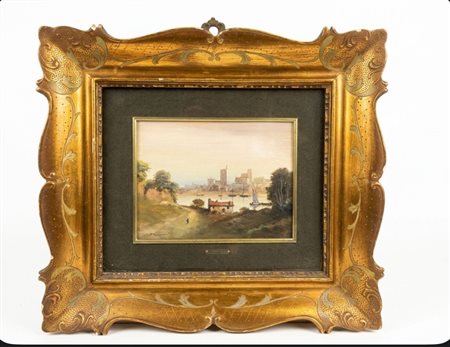 Dipinto raffigurante una veduta di borgo costiero con imbarcazioni Olio su tavola, firmato Tassinari in basso a sinistra cm 13x16