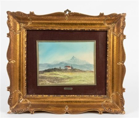 Dipinto a olio su tavola raffigurante una veduta montata, firmato cm 13x16