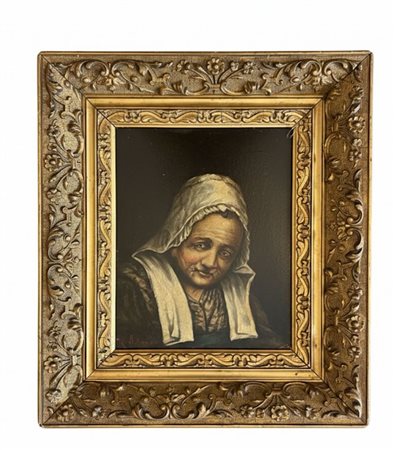 Antico dipinto raffigurante Ritratto di Anziana Popolana – Olio su Tavoletta – Scuola Europea del XIX Secolo 