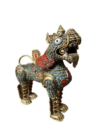 Scultura leone guardiano tibetano bronzo turchesi e coralli 18x17 cm stile Nepal
