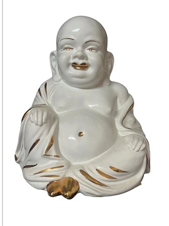 Buddha sorridente porcellana bianca e oro cm 27 manifattura italiana anni 70 cm 27