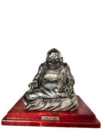 Buddha Hotei Giuseppe Granello per Cacciapuoti metallo argentato base color rosso cm 15
