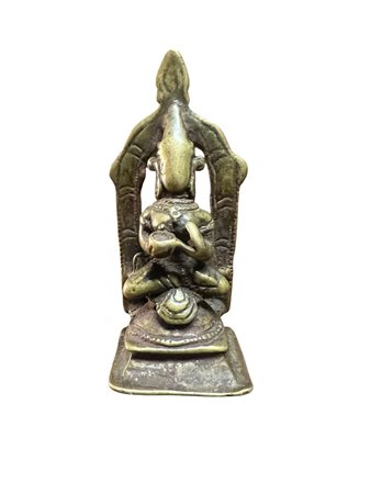 Statua Buddha meditazione bronzo patinato cm 5,5 divinità buddista aureola antica