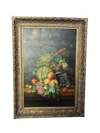 Dipinto Natura morta con frutta e fiori olio su tela fine '800 firmato cm comprensive di cornice coeva 110x80 cornice dorata lavorata