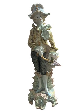 Statua dama in porcellana policroma cm 26 stile rococò manifattura europea d'epoca