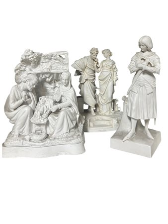 Lotto tre sculture porcellana biscuit a soggetto sacro e mitologico cm 20 circa