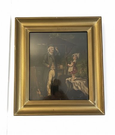 Olio su tela "La lezione del vecchio cacciatore" – Scuola Europea del XIX Secolo cm 42 x 47 cm (compresa la cornice).