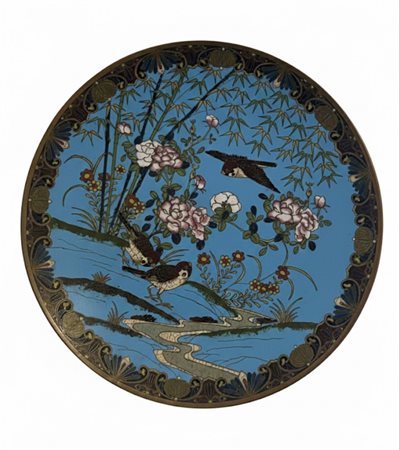 Piatto in Smalto Cloisonné "Passeri tra i Bamboo" – Manifattura Giapponese cm 30