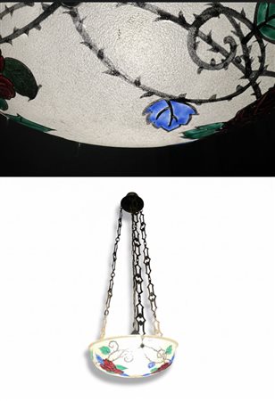 Lampadario a sospensione Liberty "Bowl" in vetro satinato e smalti policromi