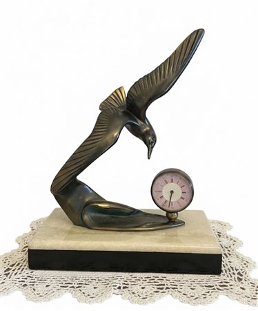 Orologio da Tavolo "Albatros" in Bronzo Art Déco – Base in Marmo e Onice cm 18