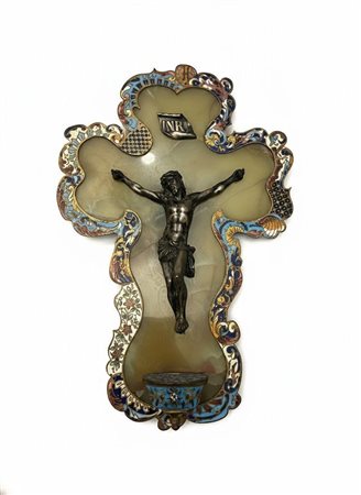 Crocifisso da Parete con Acquasantiera – Onice, Argento e Smalti Cloisonné cm 22 circa