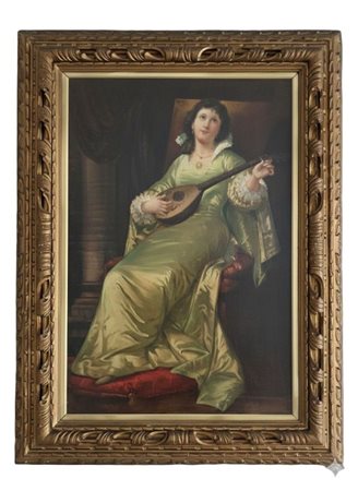 Imponente Dipinto olio su tela Ritratto di Dama in Seta Verde con Mandolino – Attribuito a Arnaldo Tamburini