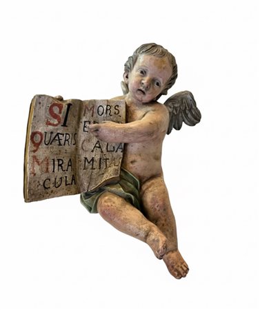 Scultura lignea raffigurante angelo con Libro in Legno Intagliato – Manifattura Ligure (Genovese) cm 58