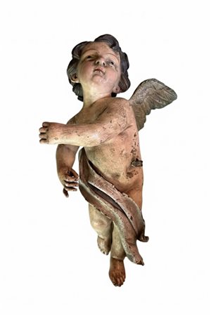 Scultura lignea raffigurante Putto alato in Legno Intagliato – Manifattura Ligure (Genovese) cm 56 circa