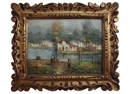 Dipinto olio su tela con bella cornice coeva G. Marcon – Paesaggio Lacustre con Figure e Case Rurali cm 40x30