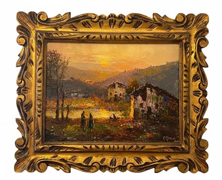 Dipinto olio su tela G. Marcon – Paesaggio al Tramonto con Case Coloniche e Figure 57x46 con cornice